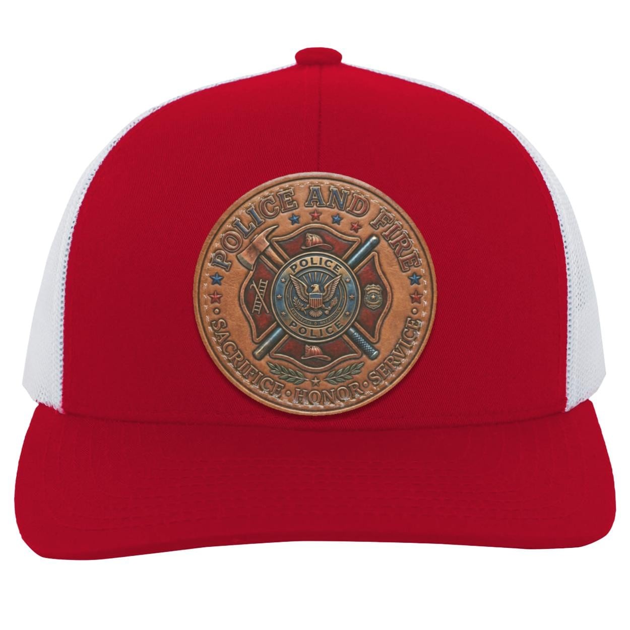 Police Fire Leather Patch Trucker Hat, First Responder Tribute Cap, view 5