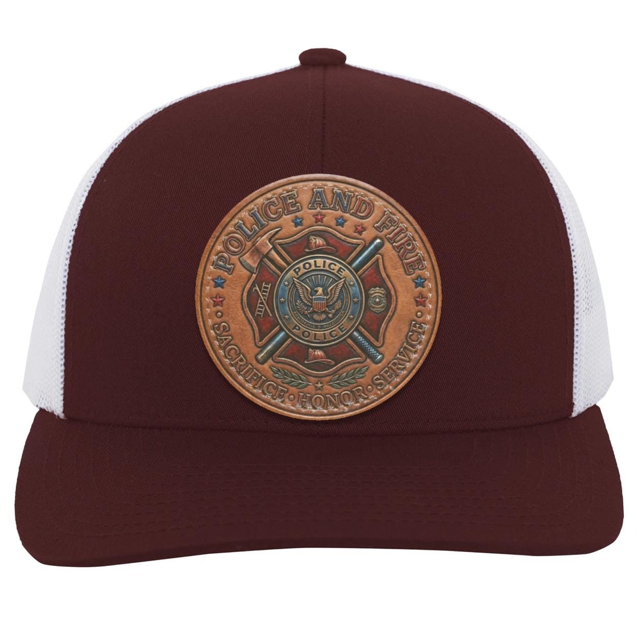 Police Fire Leather Patch Trucker Hat, First Responder Tribute Cap, view 6