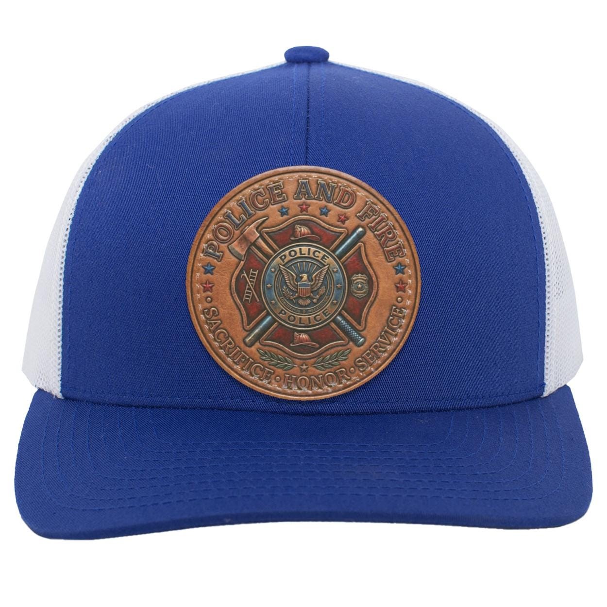 Police Fire Leather Patch Trucker Hat, First Responder Tribute Cap, view 8