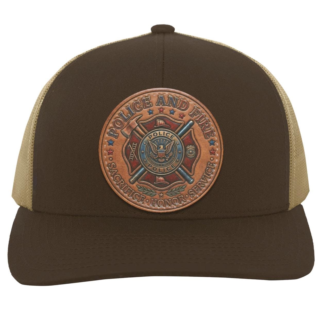 Police Fire Leather Patch Trucker Hat, First Responder Tribute Cap, view 9