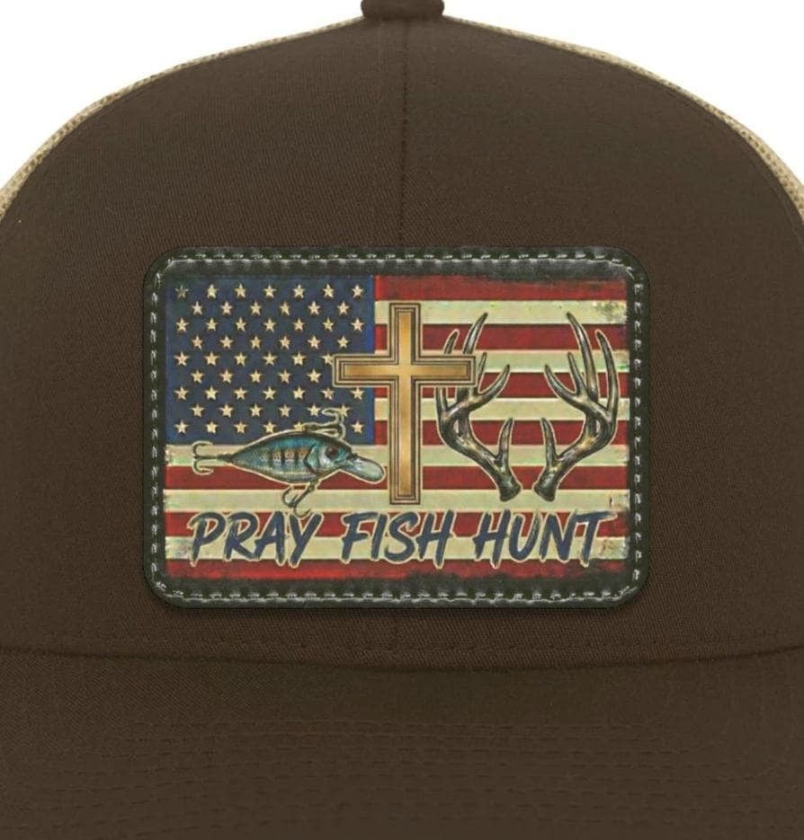 Pray Fish Hunt Trucker Hat | American Flag Patch, Christian Gift