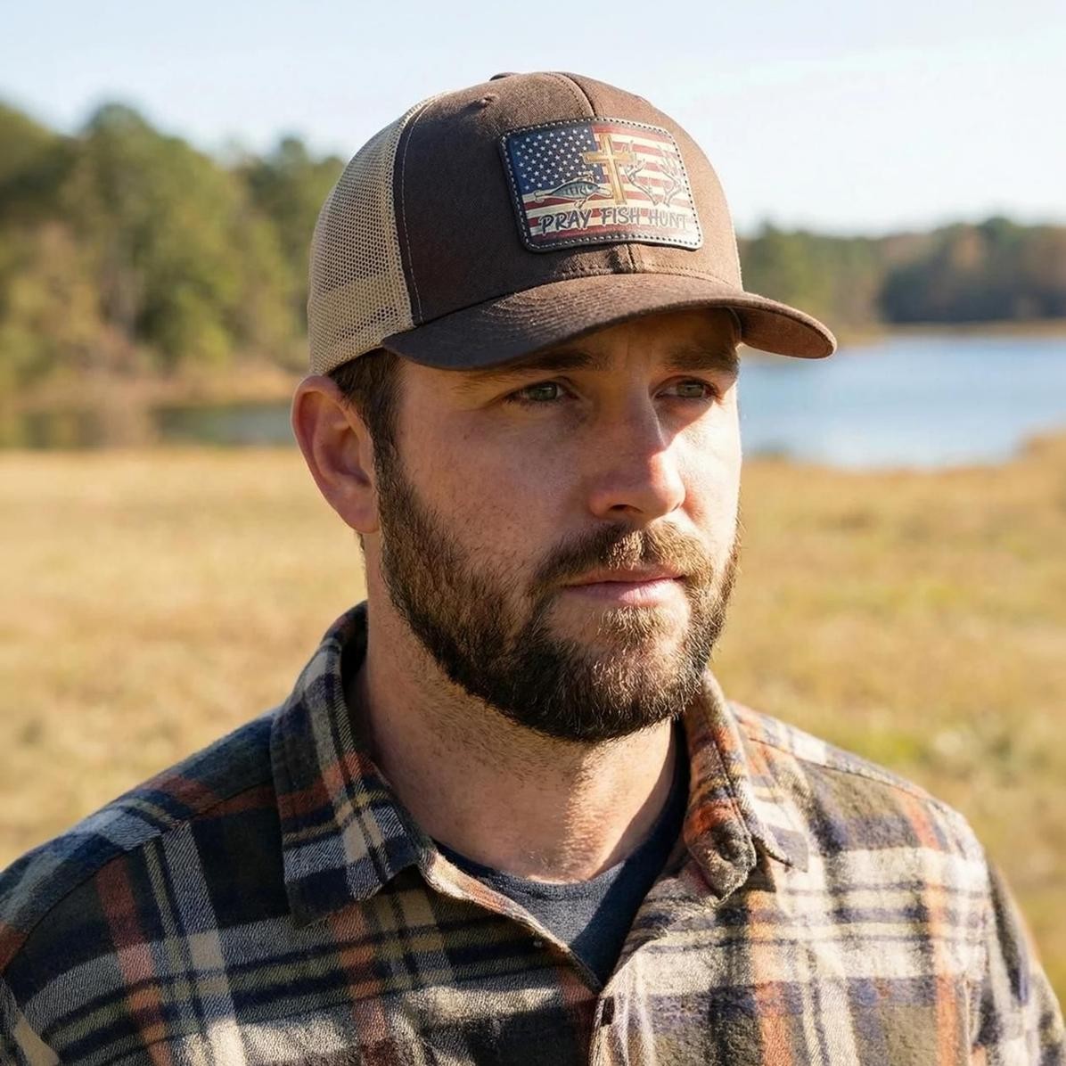 Pray Fish Hunt Trucker Hat | American Flag Patch, Christian Gift, view 11