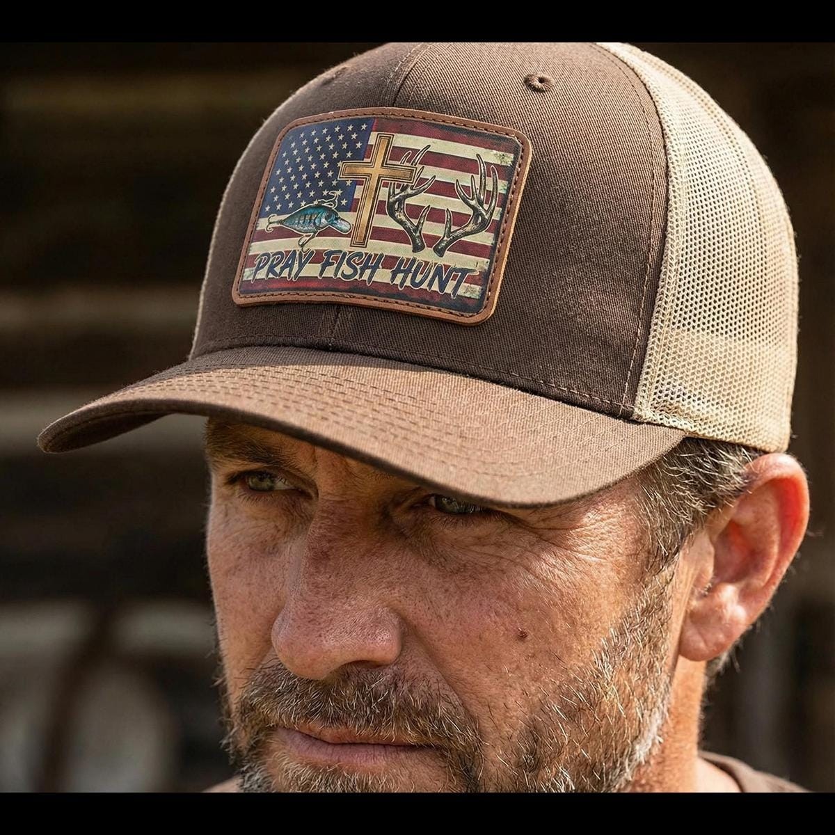 Pray Fish Hunt Trucker Hat | American Flag Patch, Christian Gift, view 2