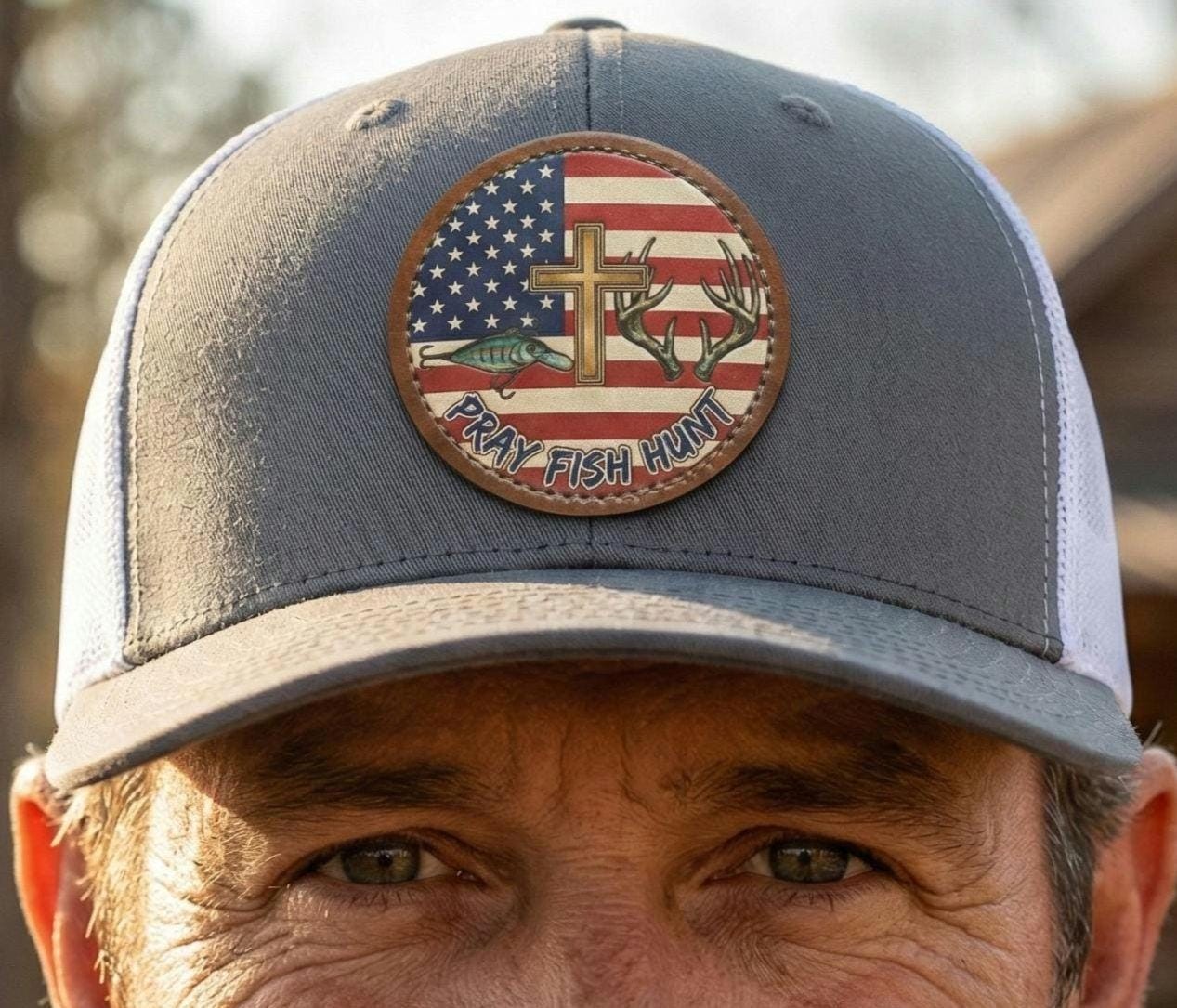 Pray Fish Hunt Trucker Hat | American Flag, Vegan Leather Patch