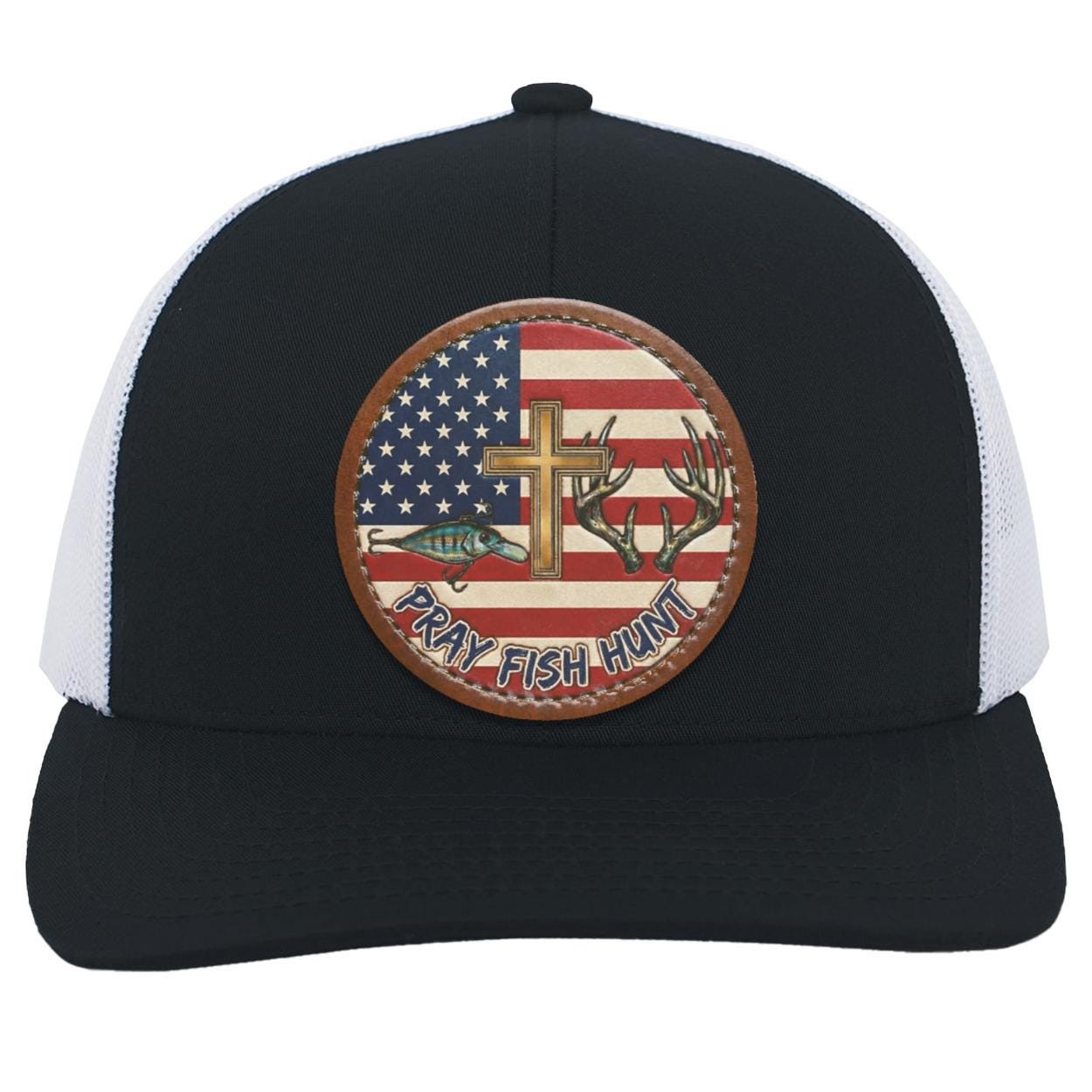 Pray Fish Hunt Trucker Hat | American Flag, Vegan Leather Patch, view 10