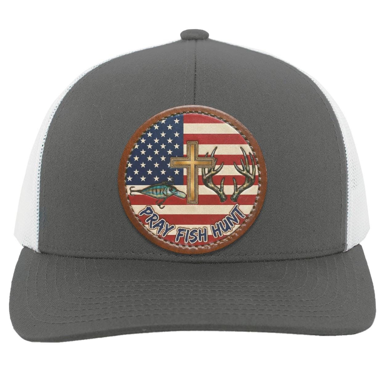 Pray Fish Hunt Trucker Hat | American Flag, Vegan Leather Patch, view 2