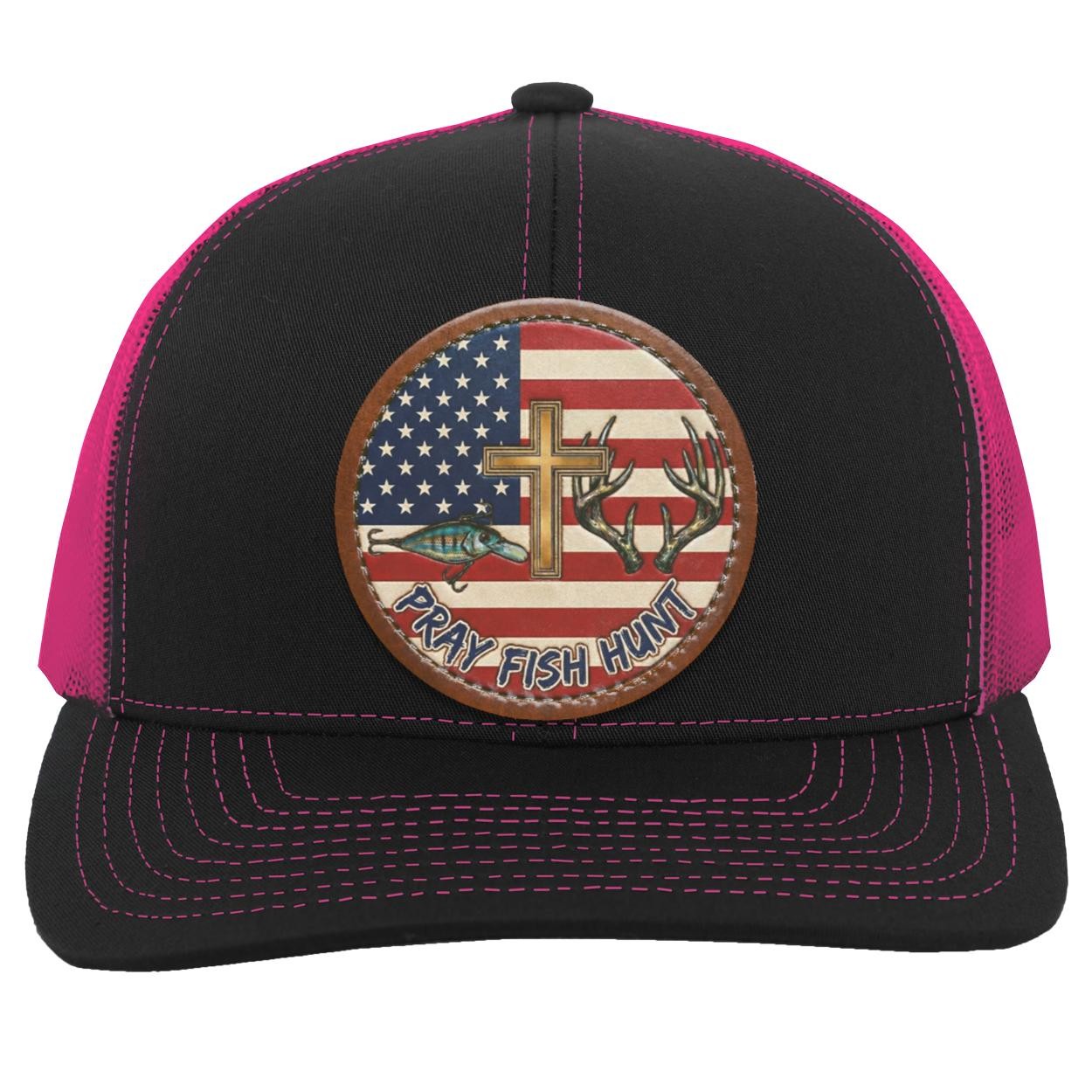 Pray Fish Hunt Trucker Hat | American Flag, Vegan Leather Patch, view 3