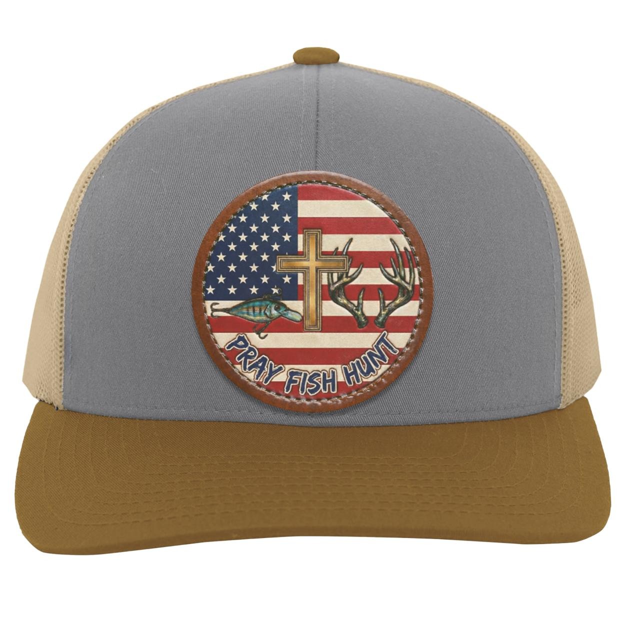 Pray Fish Hunt Trucker Hat | American Flag, Vegan Leather Patch, view 4