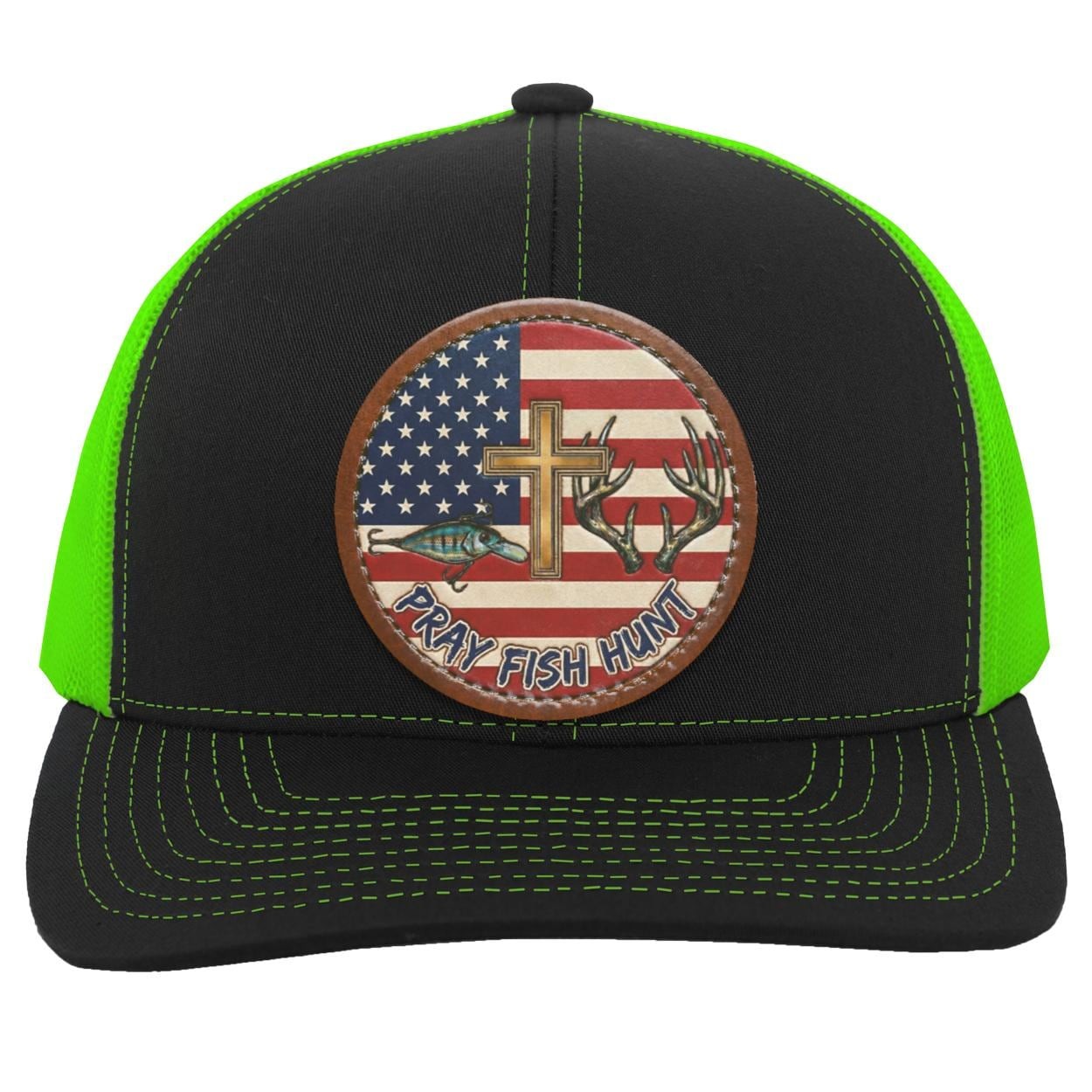 Pray Fish Hunt Trucker Hat | American Flag, Vegan Leather Patch, view 5