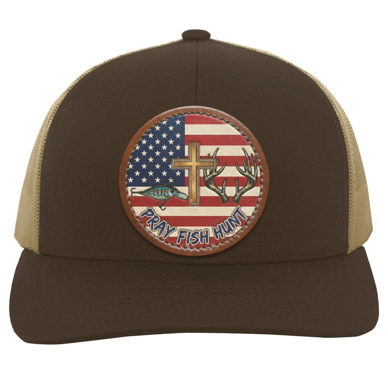 Pray Fish Hunt Trucker Hat | American Flag, Vegan Leather Patch, view 6