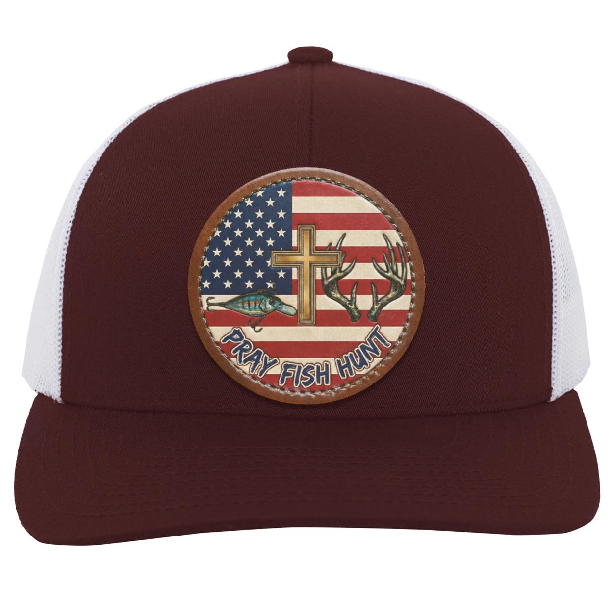 Pray Fish Hunt Trucker Hat | American Flag, Vegan Leather Patch, view 7