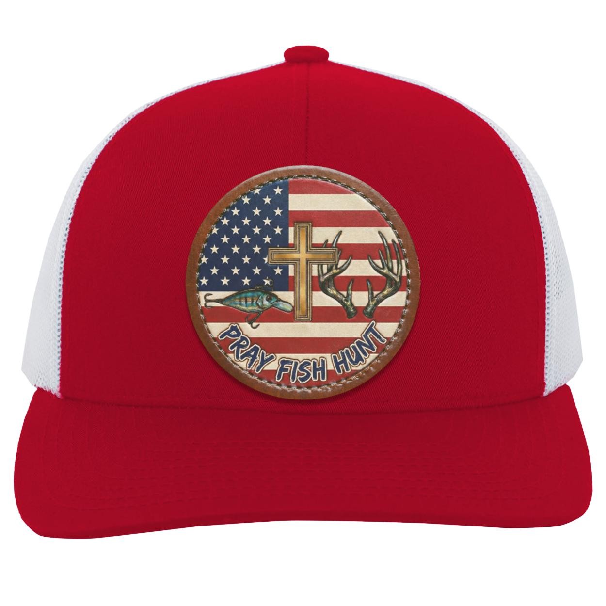 Pray Fish Hunt Trucker Hat | American Flag, Vegan Leather Patch, view 8