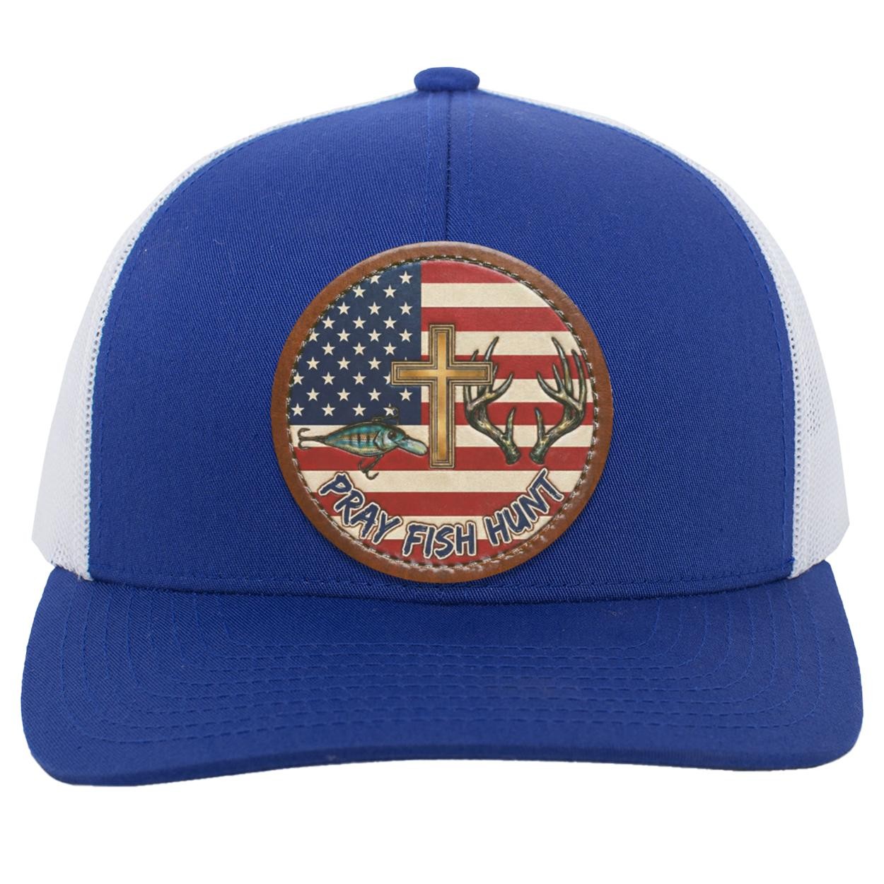 Pray Fish Hunt Trucker Hat | American Flag, Vegan Leather Patch, view 9
