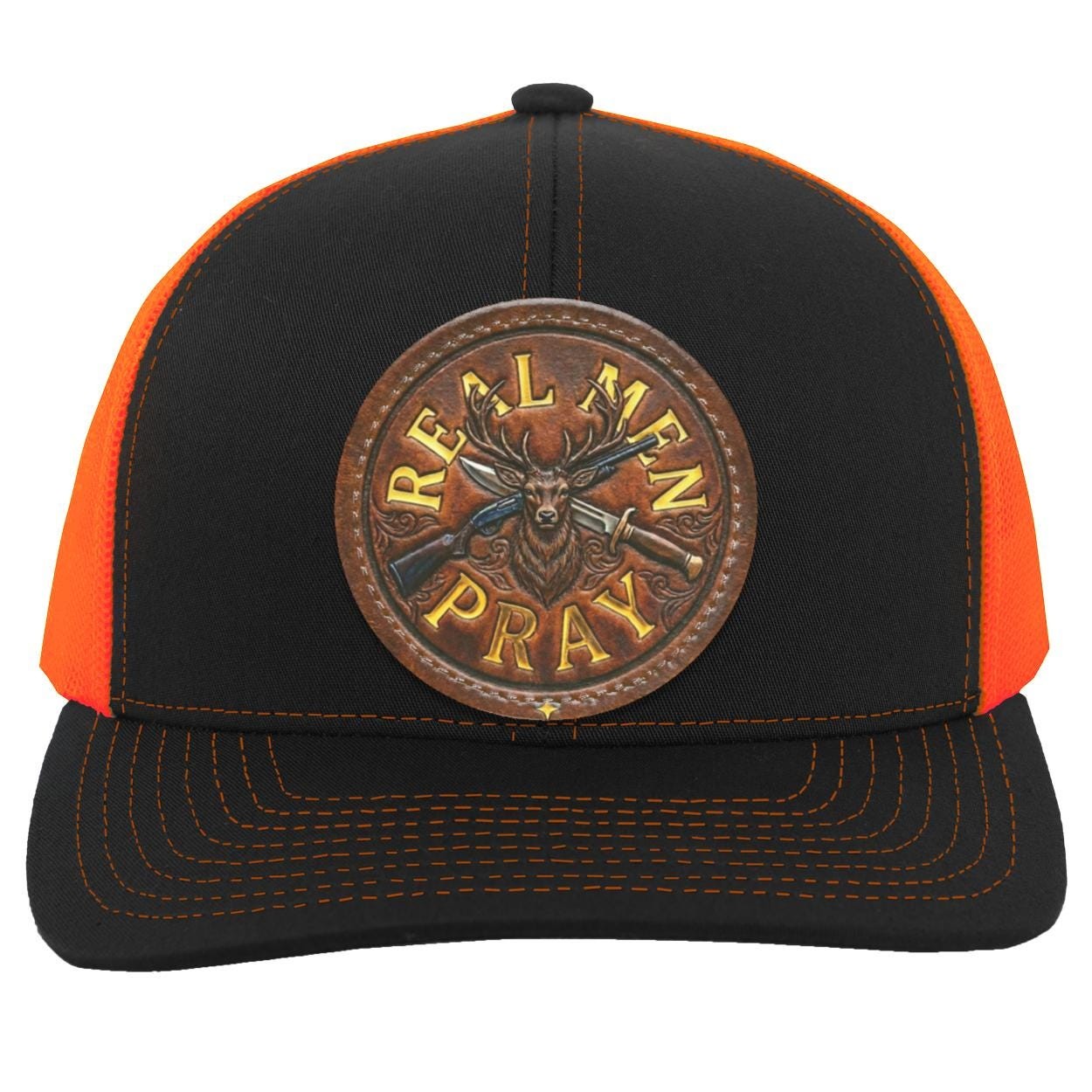 Real Men Pray Leather Patch Hat, Christian Whitetail Buck Camo Trucker Cap