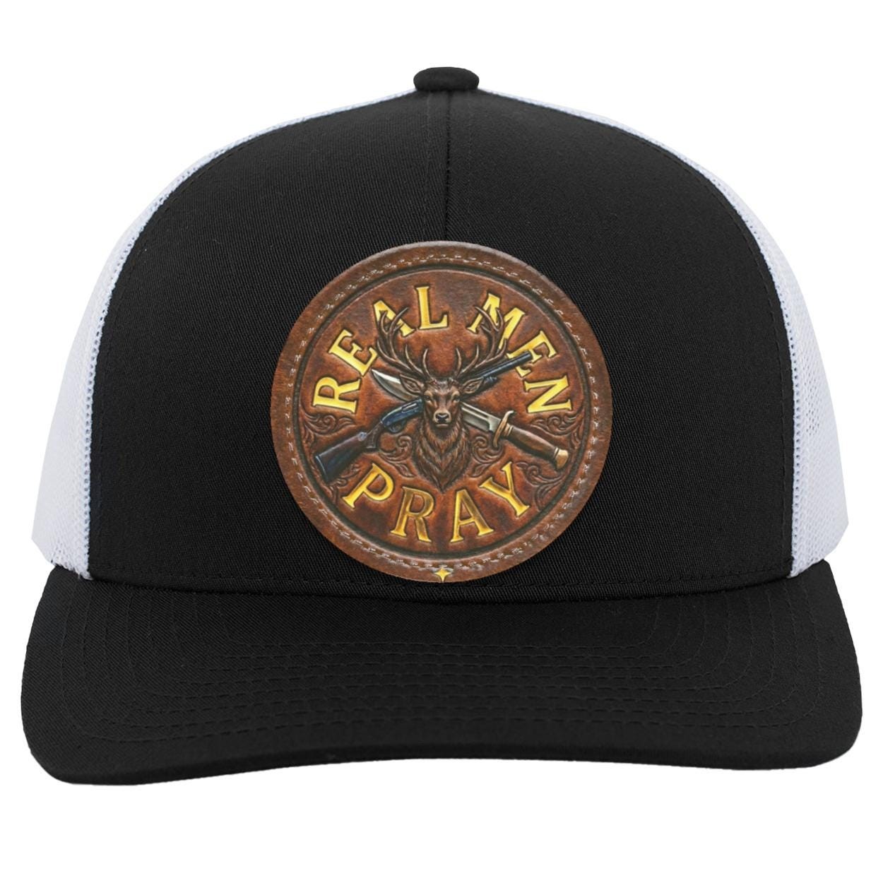 Real Men Pray Leather Patch Hat, Christian Whitetail Buck Camo Trucker Cap, view 2