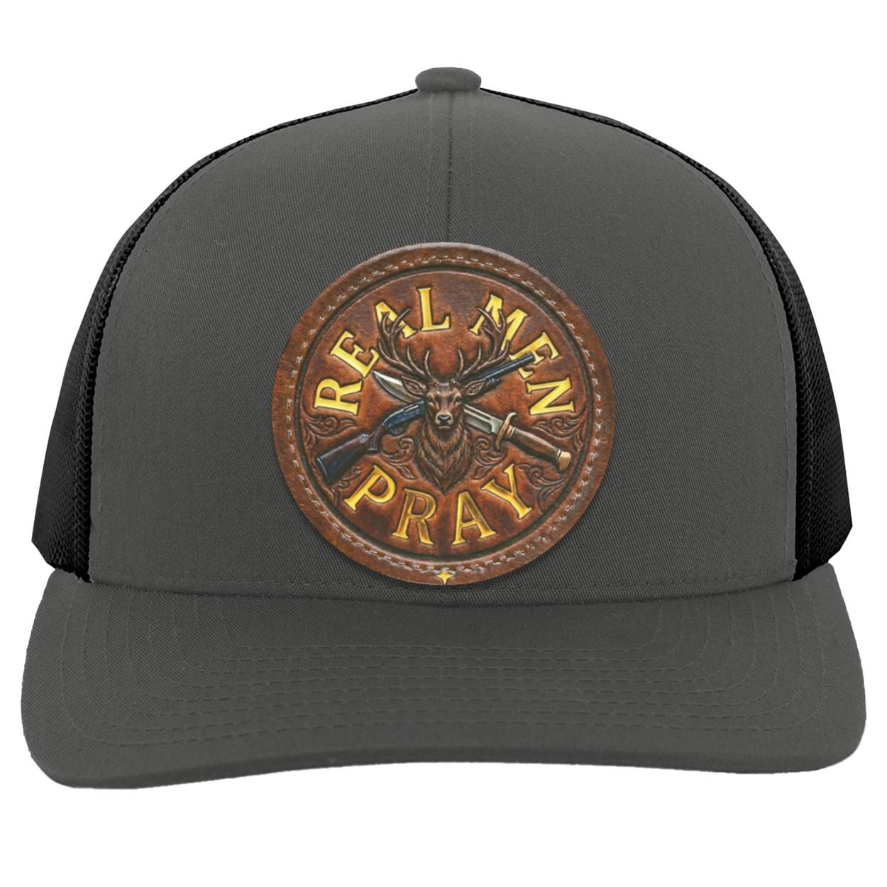 Real Men Pray Leather Patch Hat, Christian Whitetail Buck Camo Trucker Cap, view 3