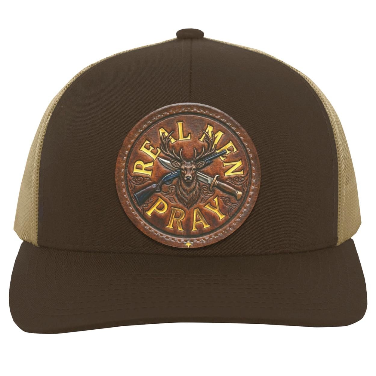Real Men Pray Leather Patch Hat, Christian Whitetail Buck Camo Trucker Cap, view 4