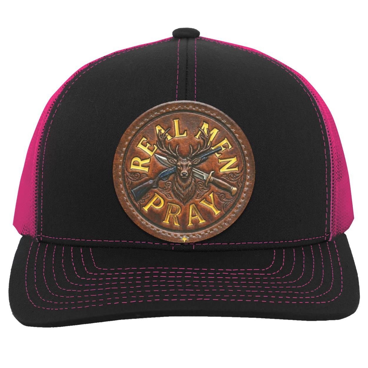 Real Men Pray Leather Patch Hat, Christian Whitetail Buck Camo Trucker Cap, view 5