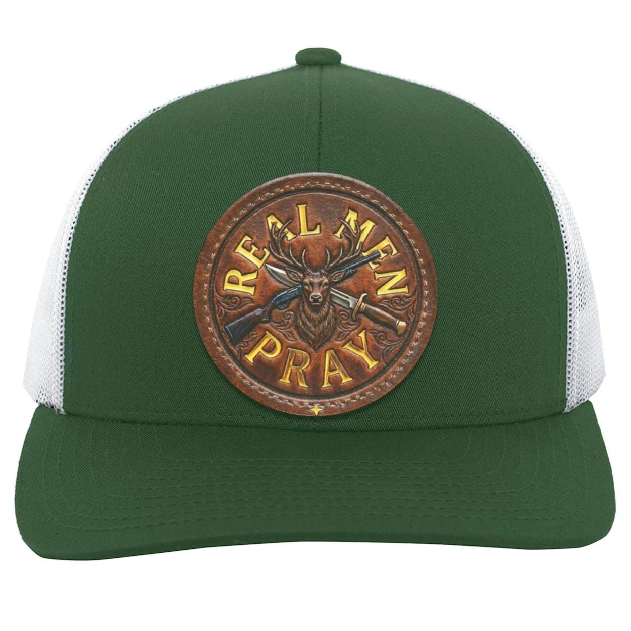 Real Men Pray Leather Patch Hat, Christian Whitetail Buck Camo Trucker Cap, view 6