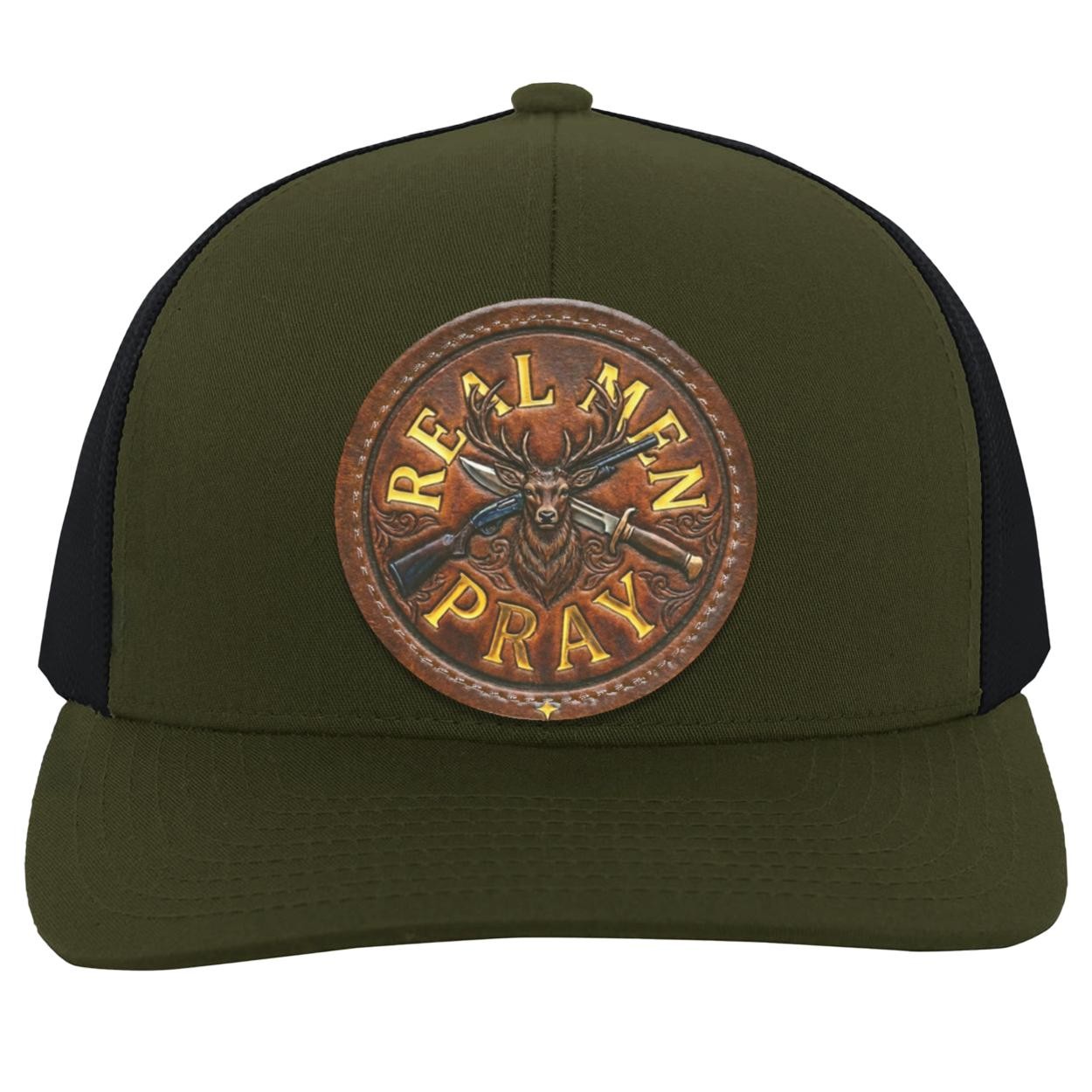 Real Men Pray Leather Patch Hat, Christian Whitetail Buck Camo Trucker Cap, view 7