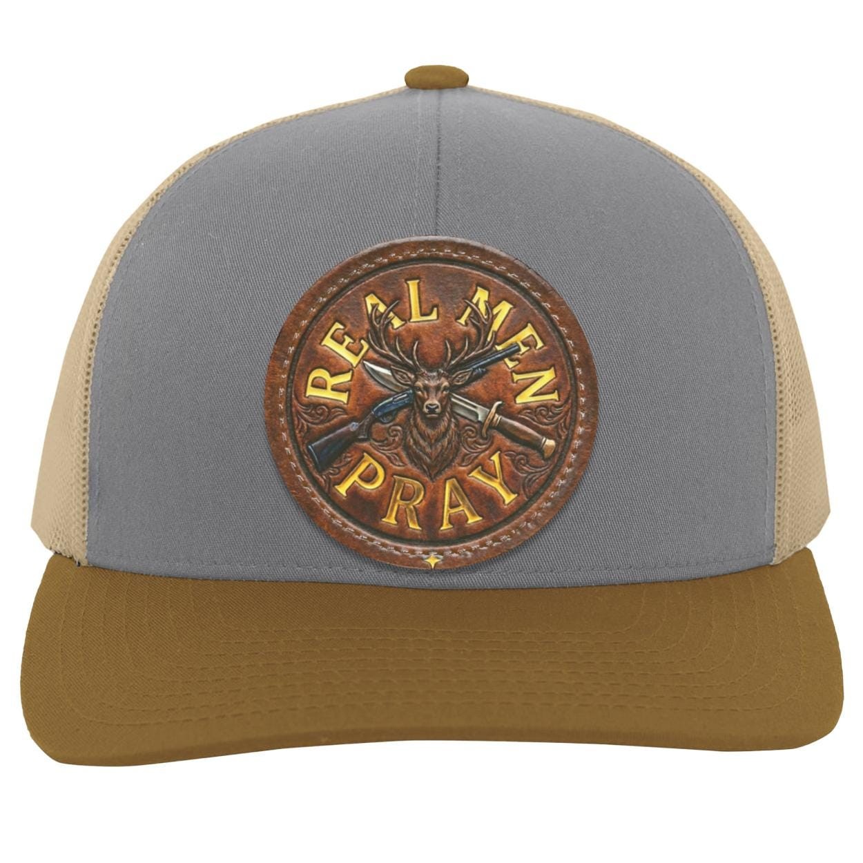 Real Men Pray Leather Patch Hat, Christian Whitetail Buck Camo Trucker Cap, view 9