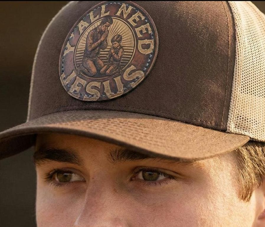 Round Leather Patch | Father & Son Praying | Southern Phrase Patch | Christian Trucker Hat