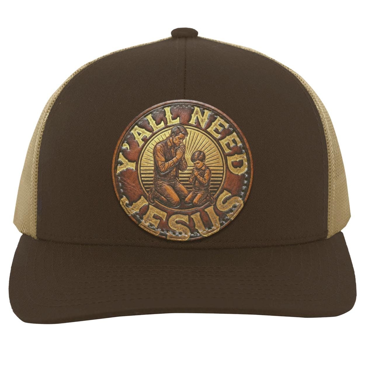 Round Leather Patch | Father & Son Praying | Southern Phrase Patch | Christian Trucker Hat, view 2