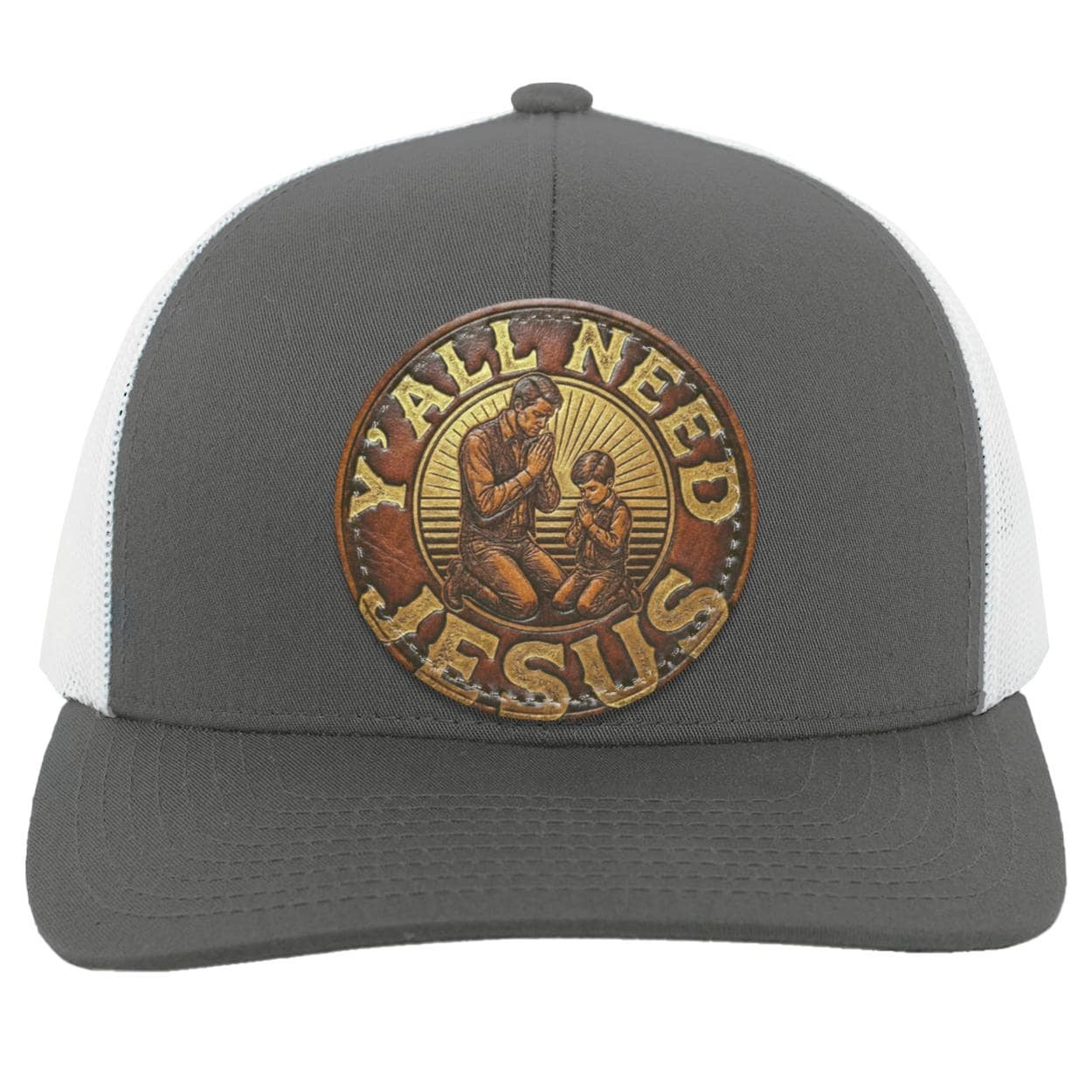 Round Leather Patch | Father & Son Praying | Southern Phrase Patch | Christian Trucker Hat, view 4