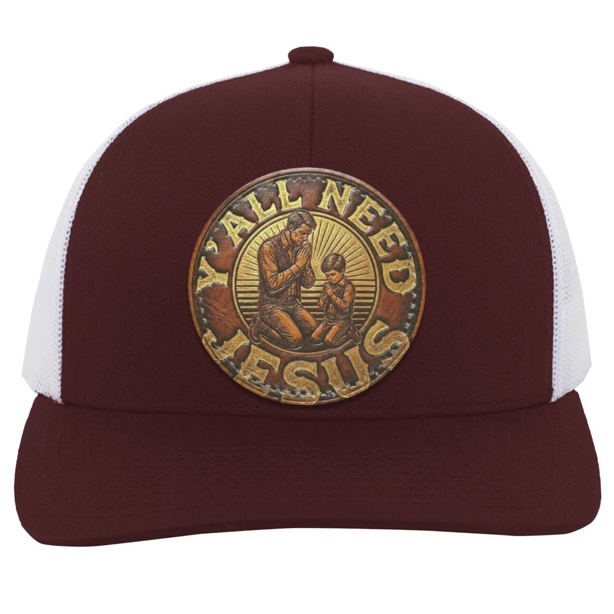 Round Leather Patch | Father & Son Praying | Southern Phrase Patch | Christian Trucker Hat, view 6