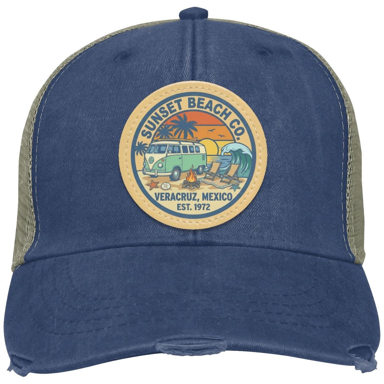 Sunset Beach Trucker Hat | Distressed Vegan Leather Patch
