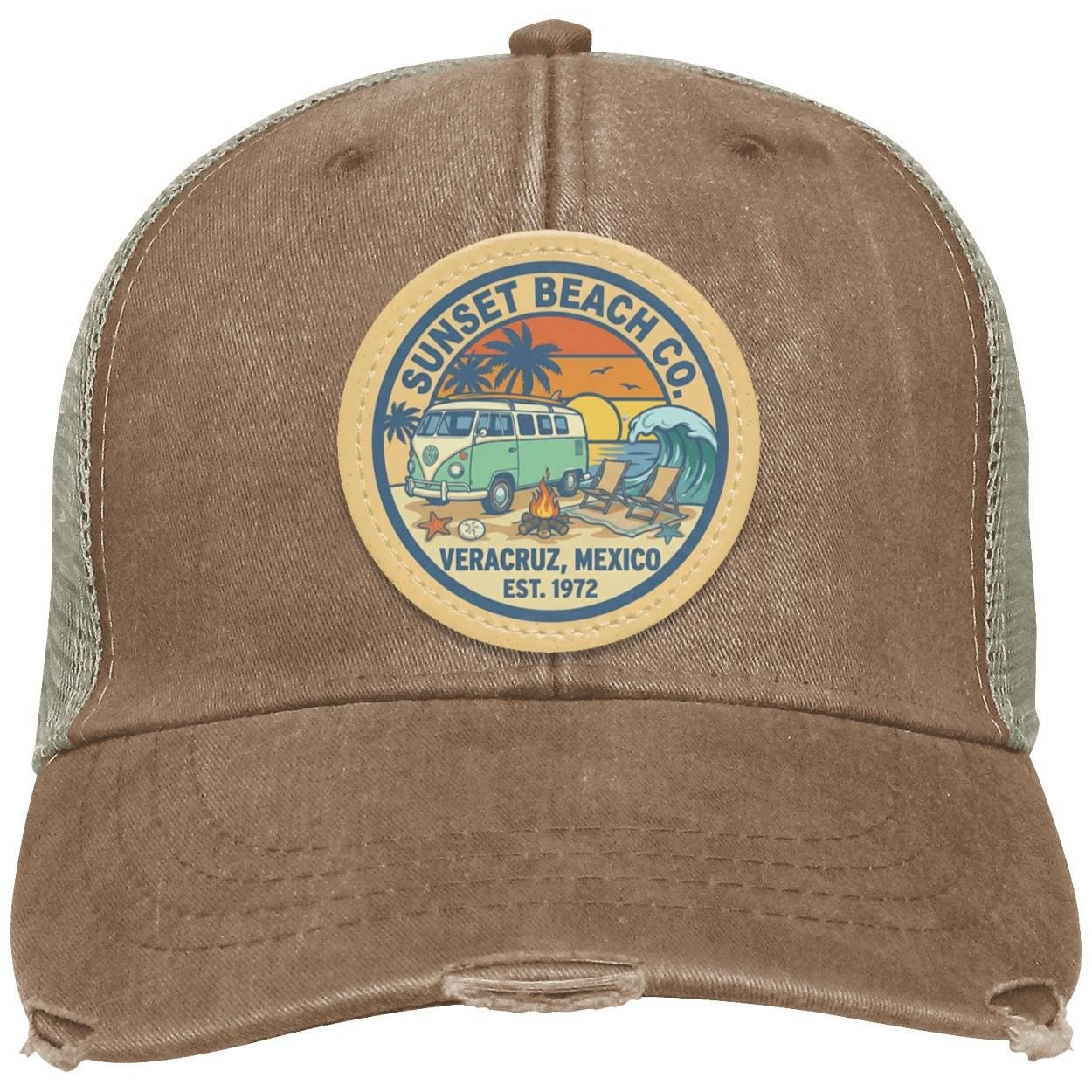 Sunset Beach Trucker Hat | Distressed Vegan Leather Patch, view 2