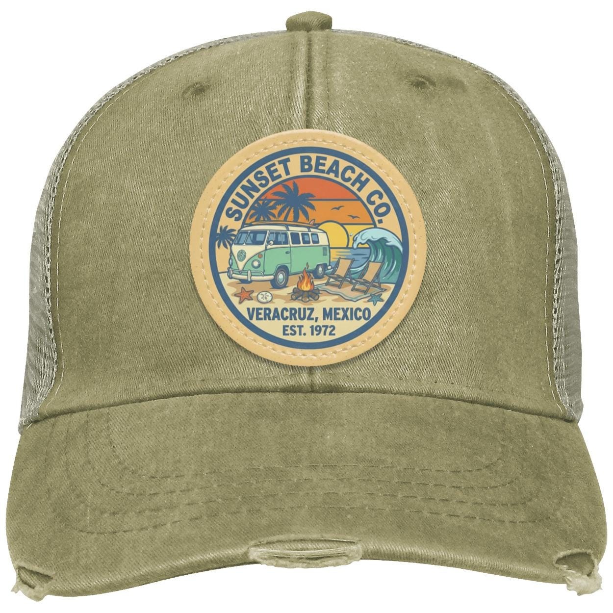 Sunset Beach Trucker Hat | Distressed Vegan Leather Patch, view 3