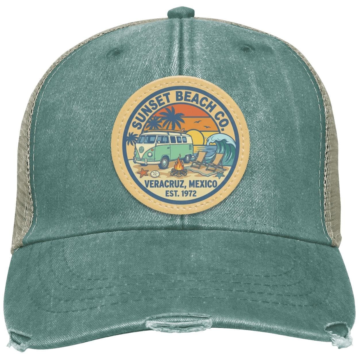 Sunset Beach Trucker Hat | Distressed Vegan Leather Patch, view 4