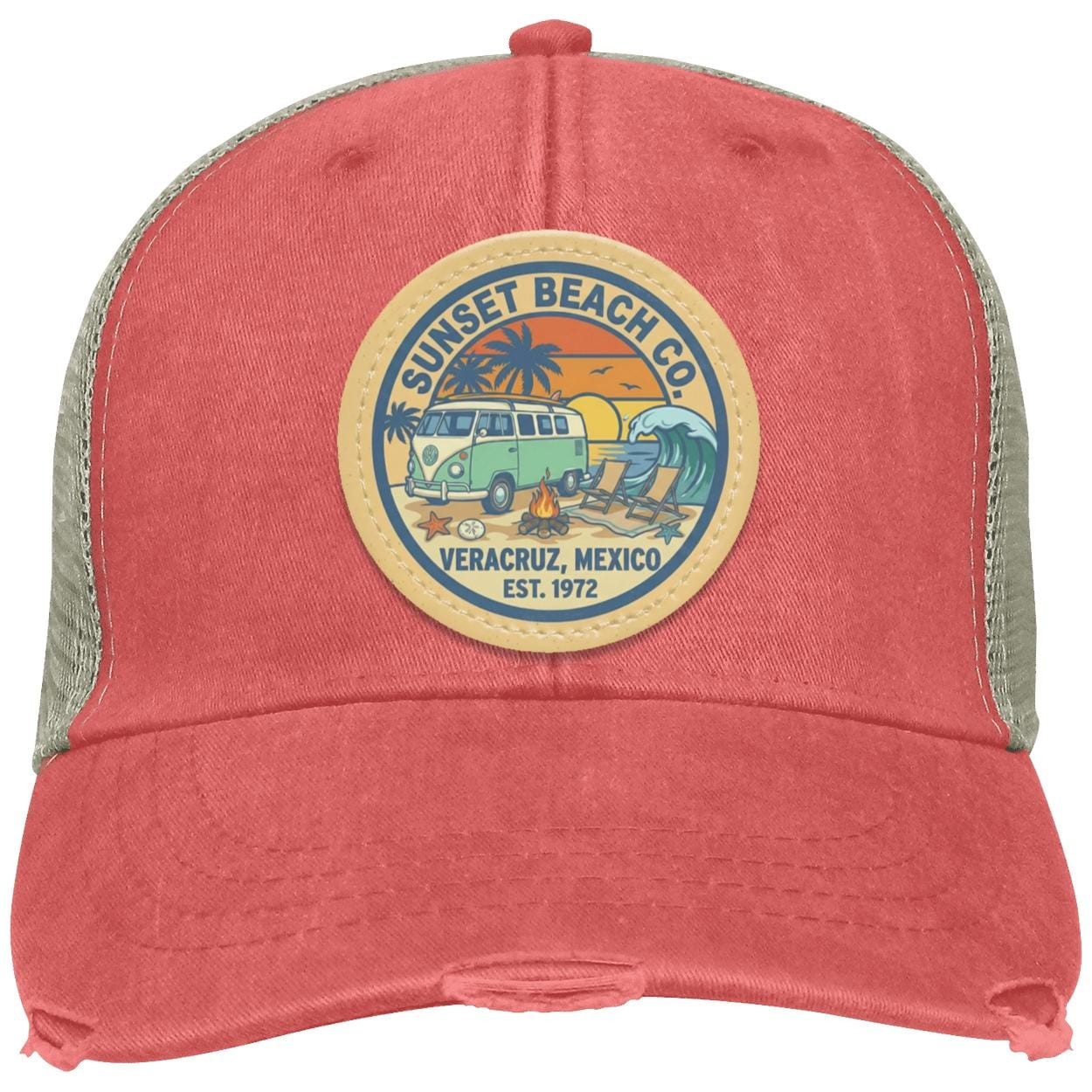 Sunset Beach Trucker Hat | Distressed Vegan Leather Patch, view 8