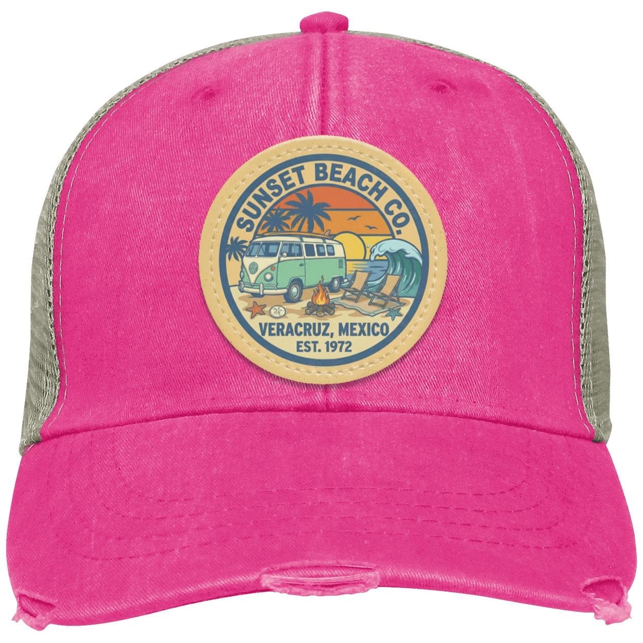 Sunset Beach Trucker Hat | Distressed Vegan Leather Patch, view 9