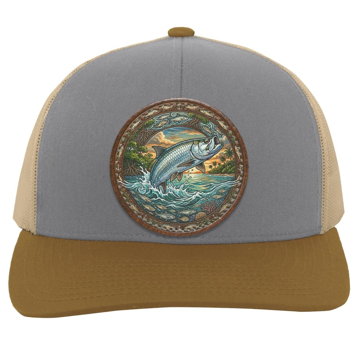 Tarpon Leather Patch Trucker Hat, Fly Fishing Saltwater Angler Cap, view 3