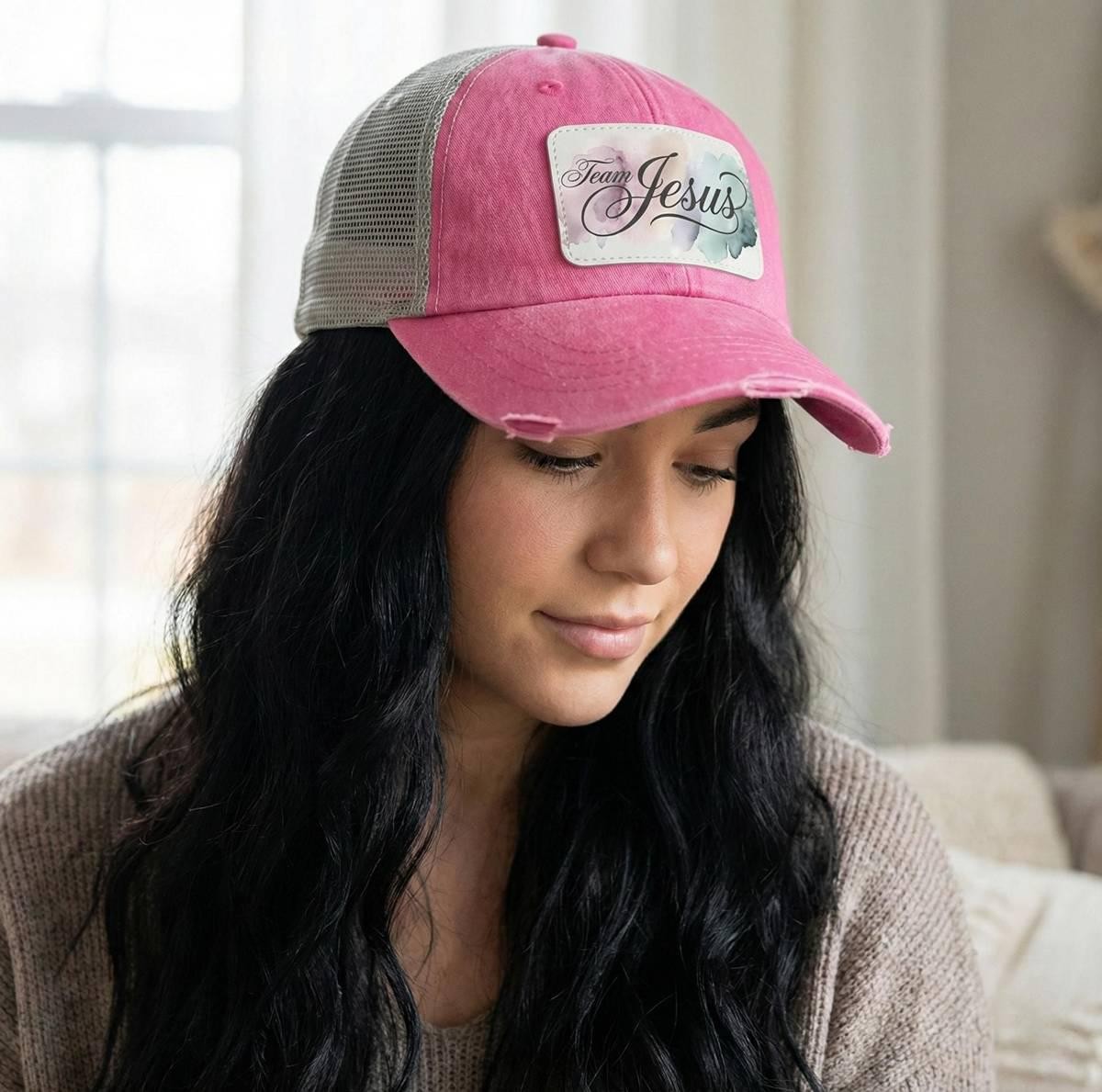 Team Jesus Trucker Hat | Pink Distressed Christian Cap, view 3