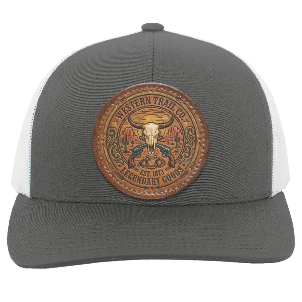 Western Trail Co. Steer Skull Trucker Hat, Outlaw Lasso Leather Patch Cap, view 6