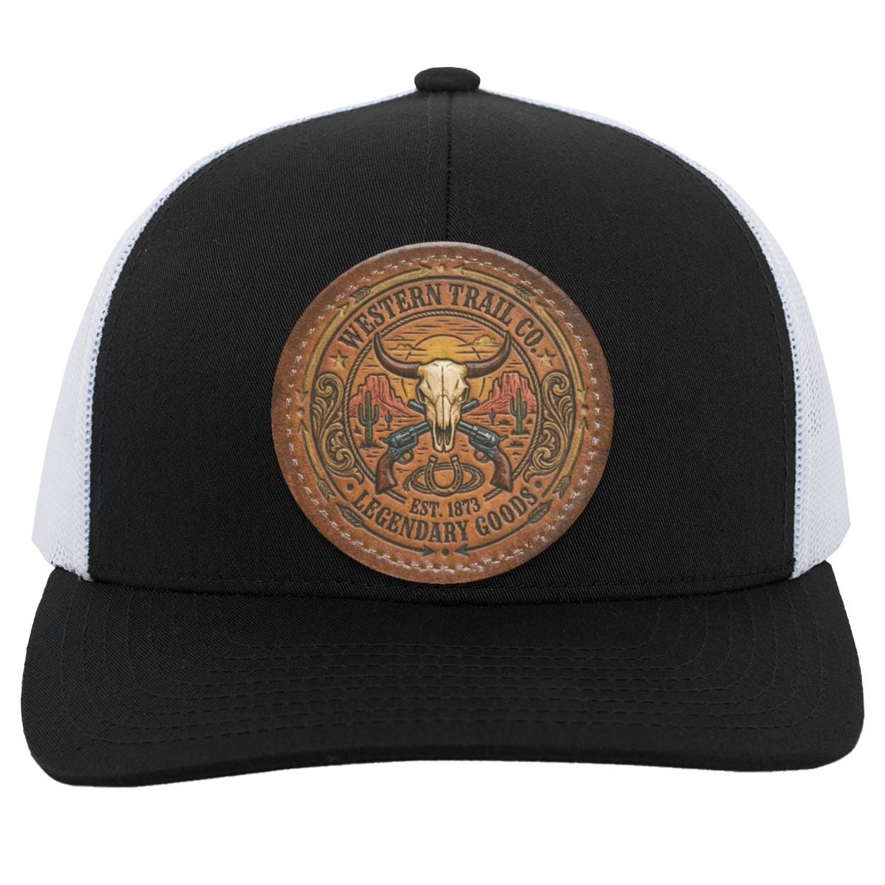 Western Trail Co. Steer Skull Trucker Hat, Outlaw Lasso Leather Patch Cap, view 7