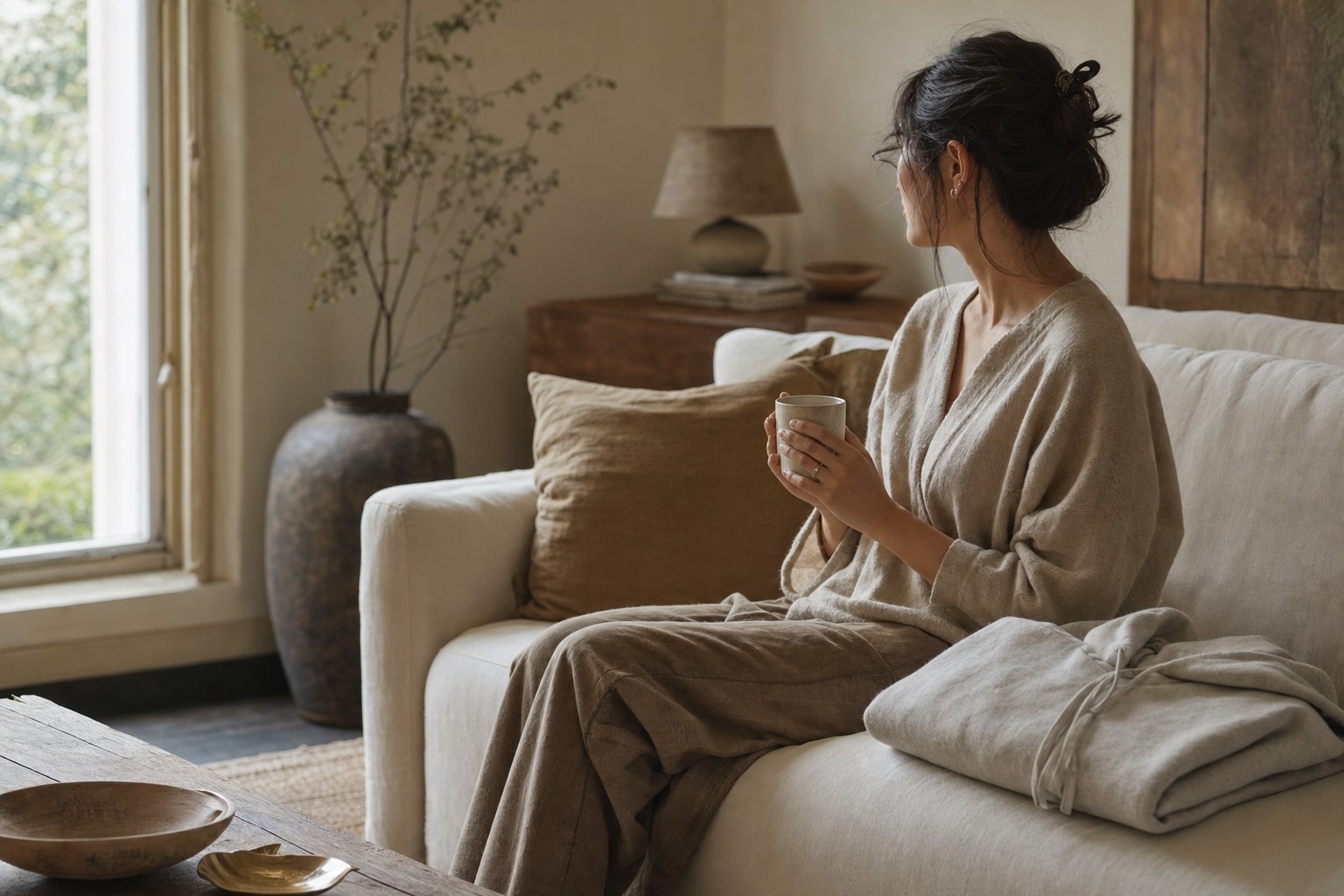 A mother taking a quiet pause with tea in a warm cream living room