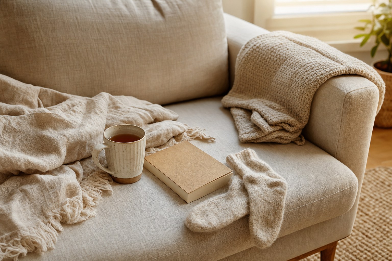 A quiet, comforting arrangement of tea, a book, and soft blankets
