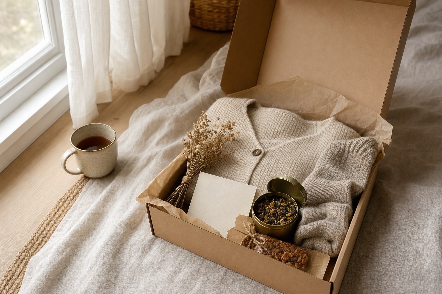 A thoughtful postpartum care package arranged on warm cream linen
