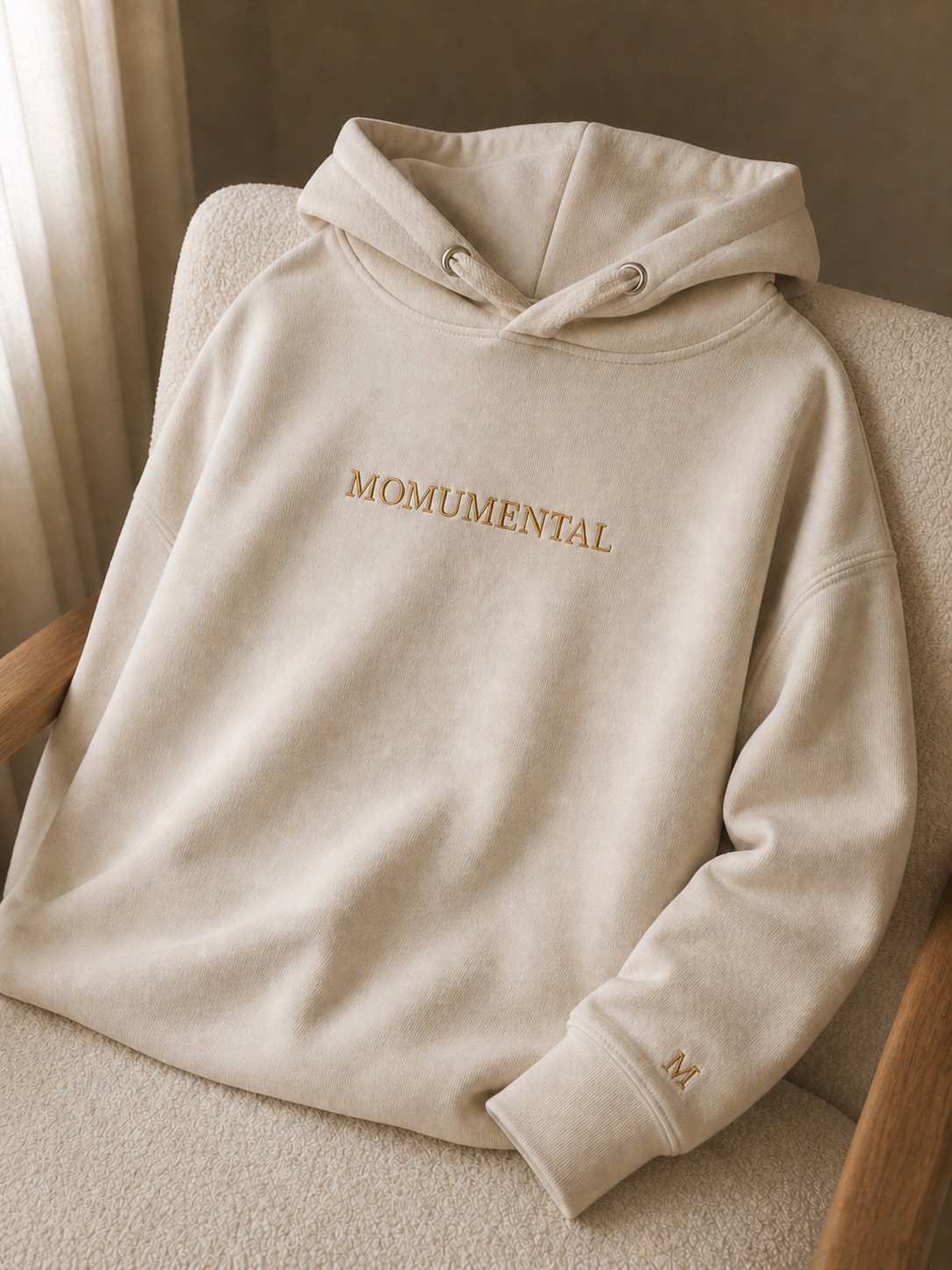 Momumental hoodie styled on a textured chair