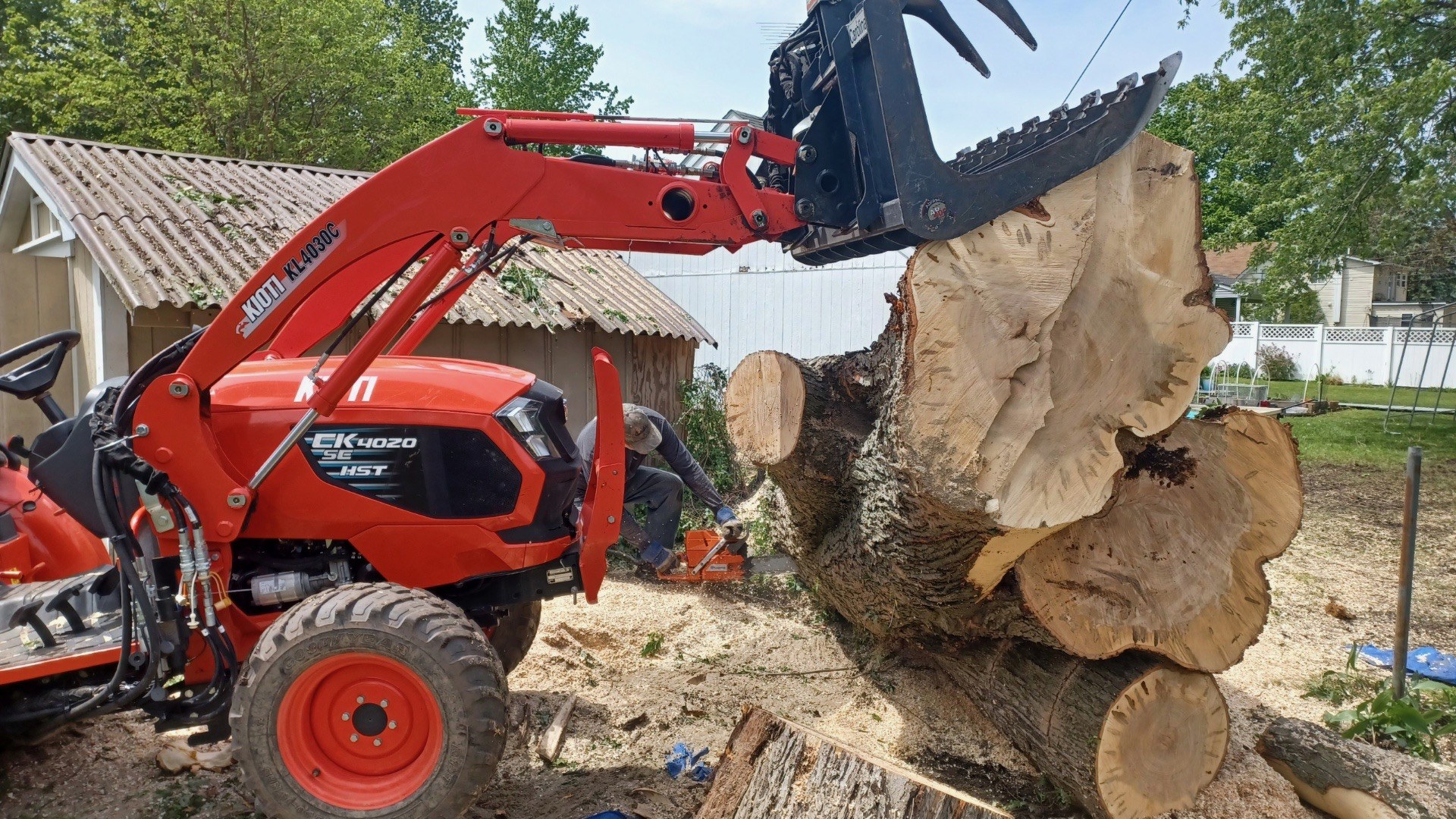 Excavator clearing a wooded area