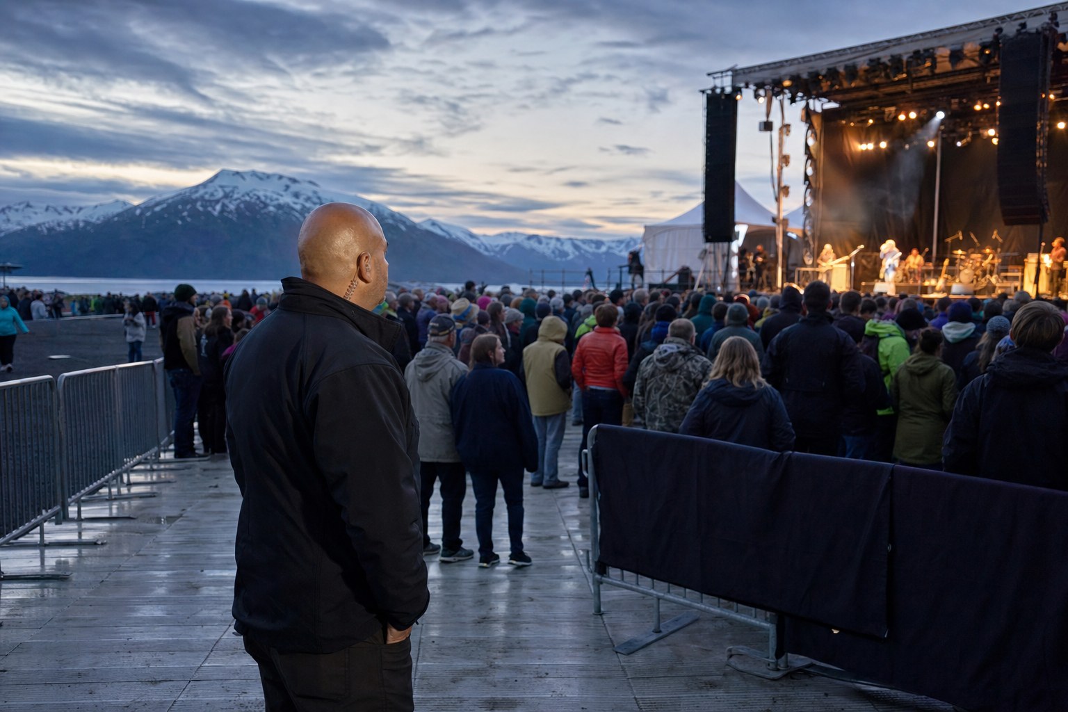 Security professional monitoring an outdoor concert crowd in Alaska