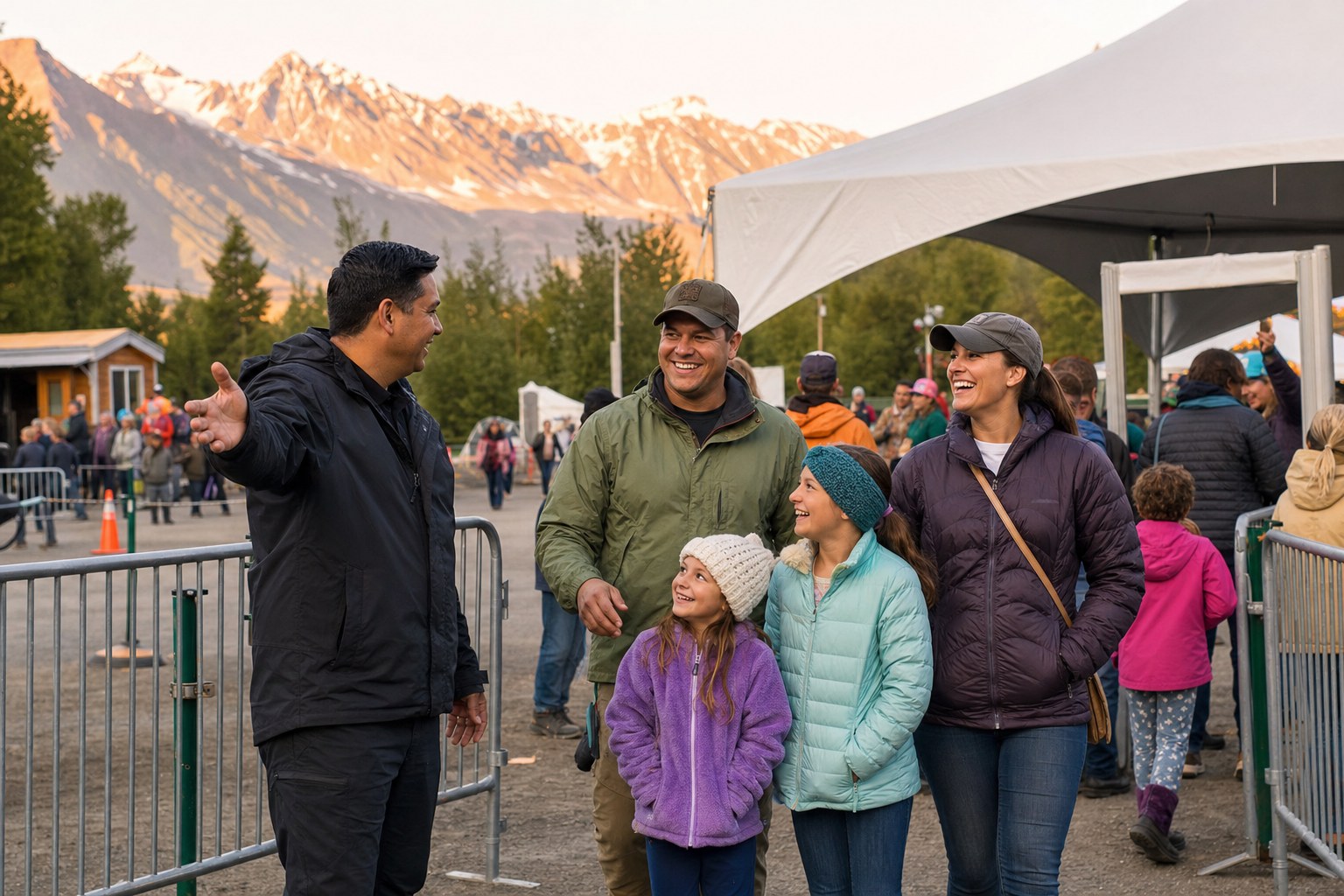 Security professional welcoming a family at an outdoor fair entrance