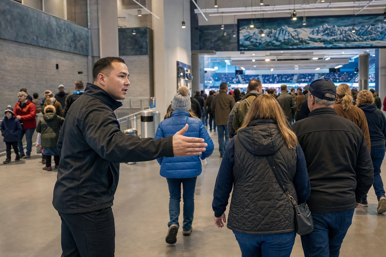 Security professional helping guests navigate a busy sports arena