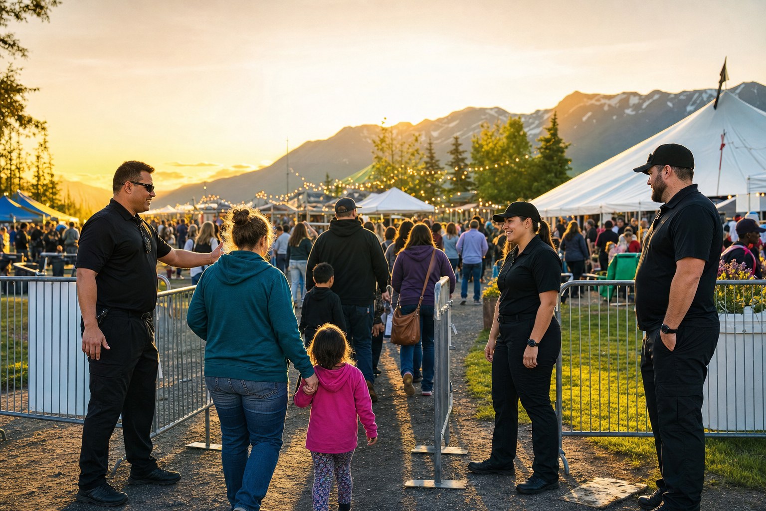 Event security team helping families enter a busy outdoor fair