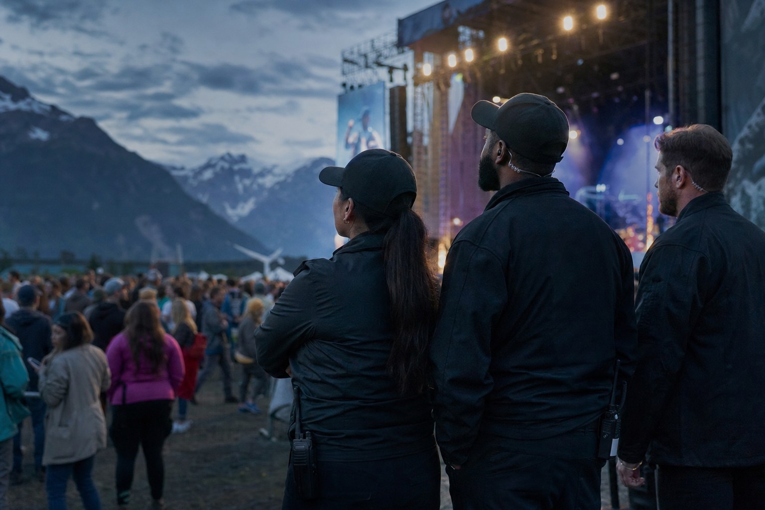 Event security team watching over a concert crowd in an Alaska mountain setting