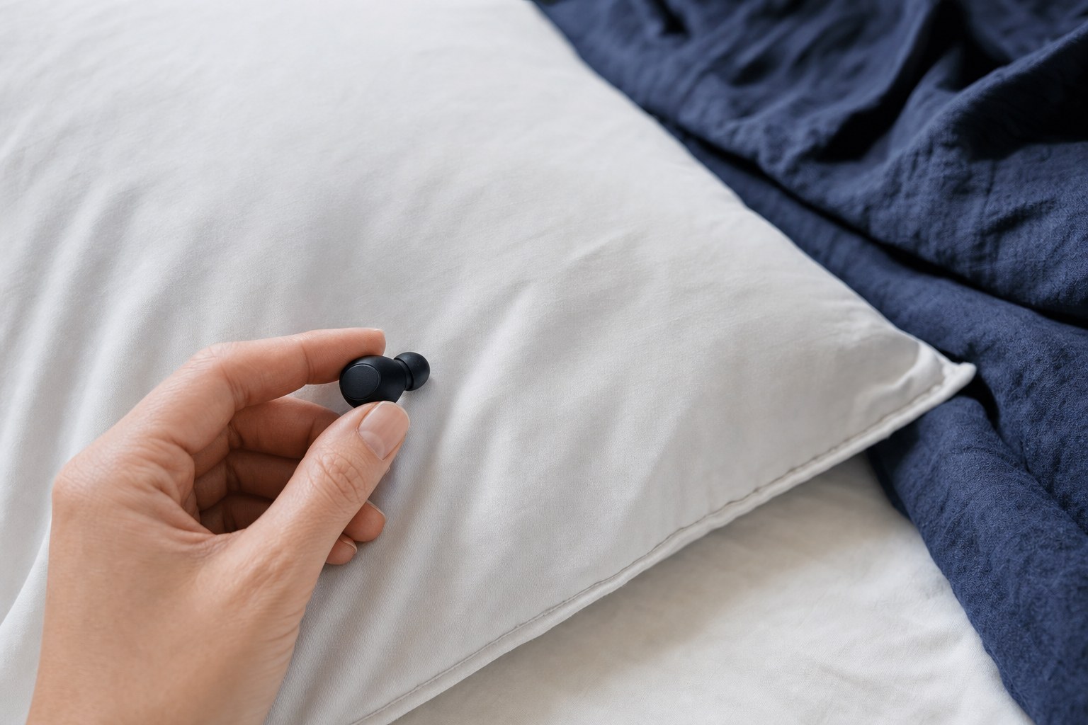 Low-profile wireless earbud held beside a white pillow